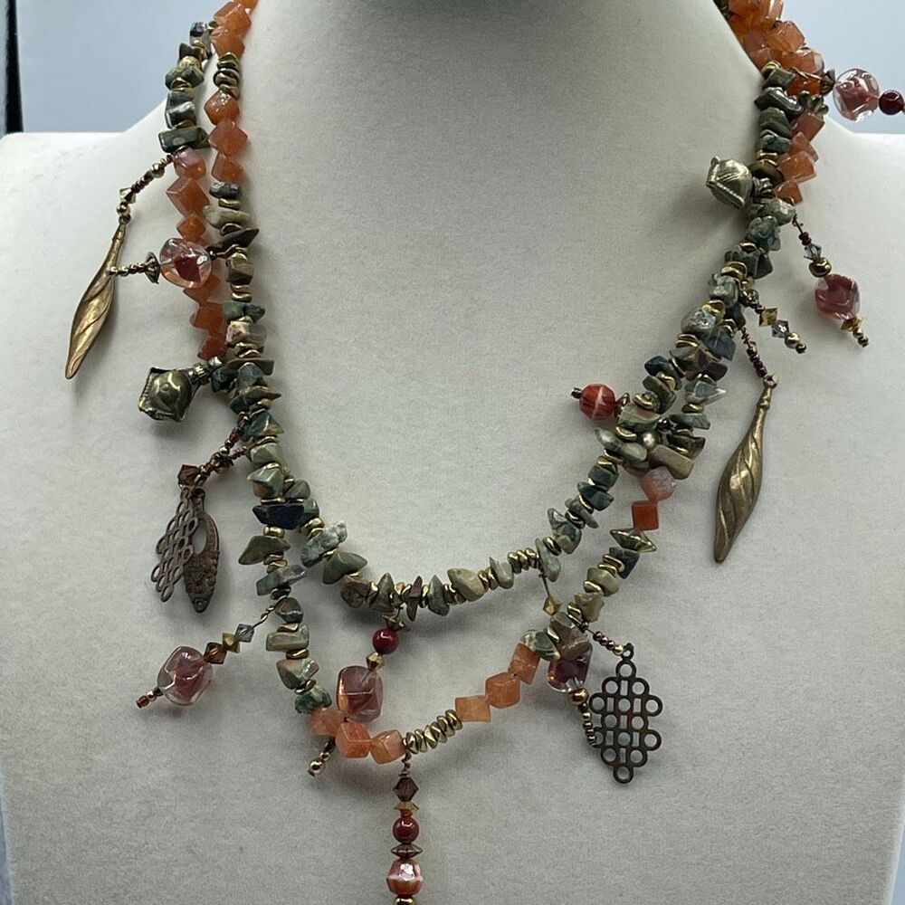 Artisan beaded boho hippie Unakite Jasper brass double strand necklace.